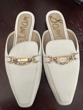 Sam Edelman Evelan Cream Leather Chain-Trim Slip-On Mules